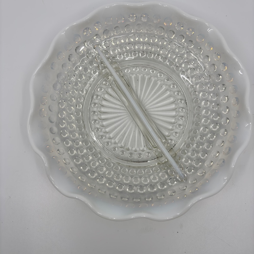 Vintage Fenton Hobnail Divided Glass Dish - white opalescent